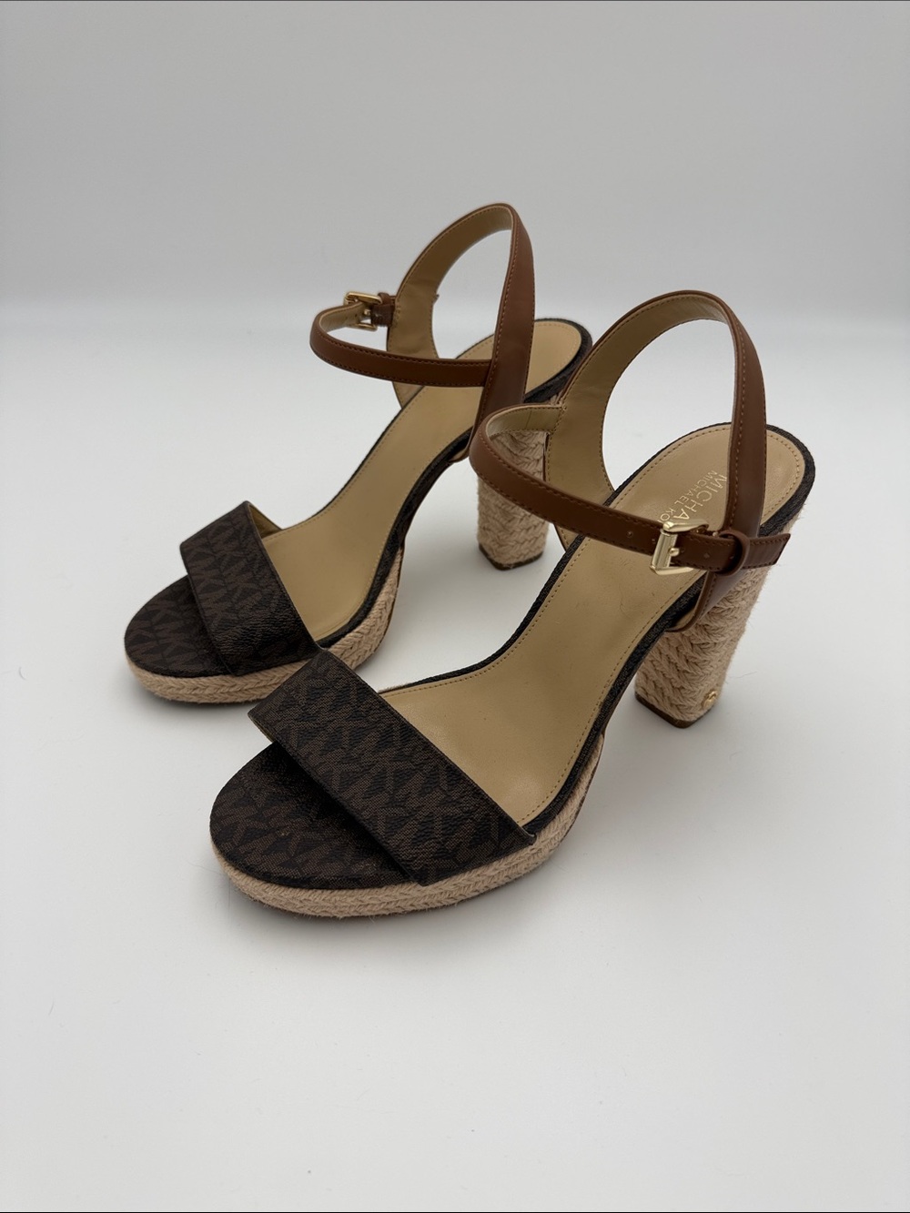 Michael Kors Brown Logo Block Heel Espadrille Sandals